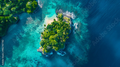 Fototapeta Naklejka Na Ścianę i Meble -  top view of beautiful tropical island with dense trees, with white sand beach and clear blue waters. concept of holiday with family. 4K Island Wallpaper