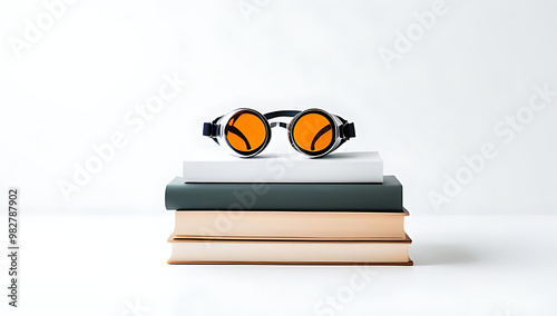 stacked books goggles white background