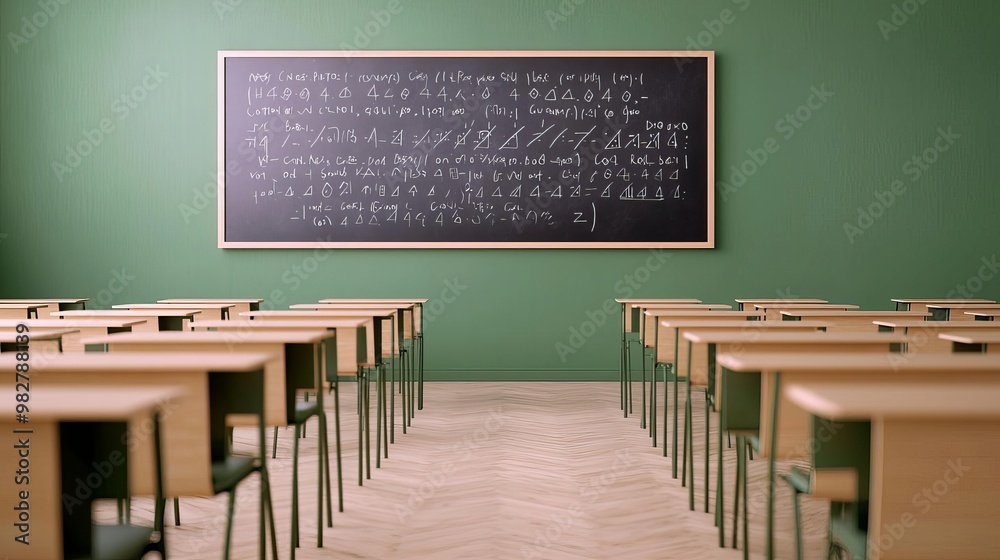Mathematics Classroom Setup with a large chalkboard covered in equations Mathematics Classroom Setup with a large chalkboard covered in equations