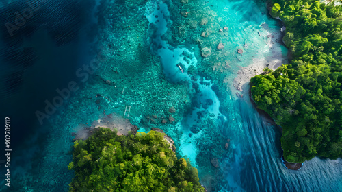 Fototapeta Naklejka Na Ścianę i Meble -  top view of beautiful tropical island with dense trees, with white sand beach and clear blue waters. concept of holiday with family. 4K Island Wallpaper