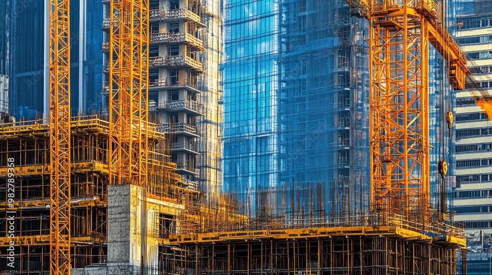 Fototapeta premium A construction site featuring cranes and scaffolding around developing buildings.