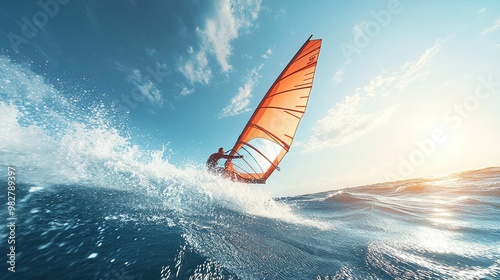 windsurfing under a clear blue sky with a dynamic surfer performing thrilling freestyle actions on the ocean waves with energy speed and excitement in a summer sport