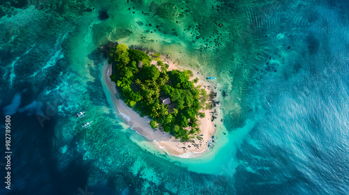 Fototapeta Naklejka Na Ścianę i Meble -  top view of beautiful tropical island with dense trees, with white sand beach and clear blue waters. concept of vacation with family. 4K Island Wallpaper