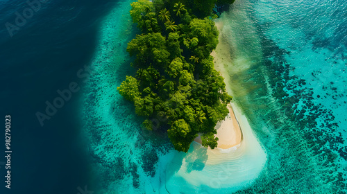 Fototapeta Naklejka Na Ścianę i Meble -  top view of beautiful tropical island with dense trees, with white sand beach and clear blue waters. concept of vacation with family. 4K Island Wallpaper