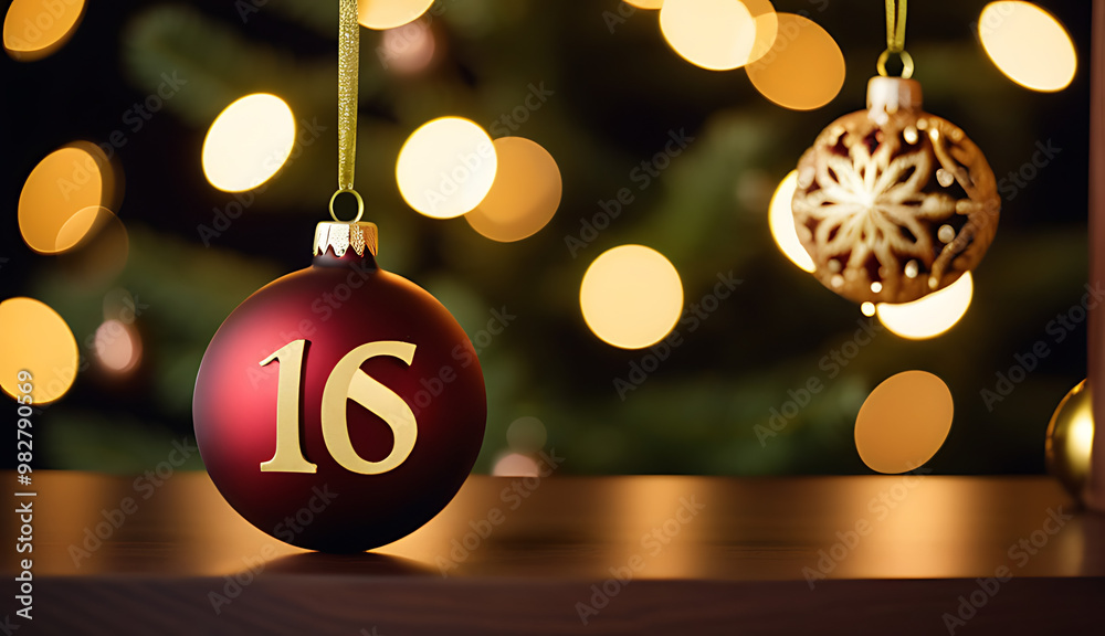 Fototapeta premium wooden number sixteen golden christmas bauble