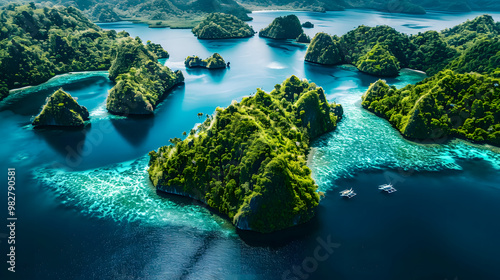 Fototapeta Naklejka Na Ścianę i Meble -  top view of beautiful tropical island with dense trees, with white sand beach and clear blue waters. concept of vacation with family. 4K Island Wallpaper
