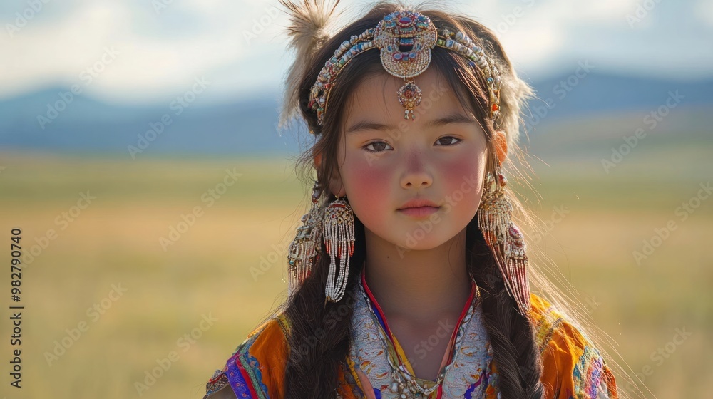 Mongolian girl in a traditional costume, her hair adorned with ethnic ...