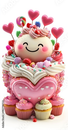 A whimsical cake topped with cute decorations and hearts, perfect for celebrations.