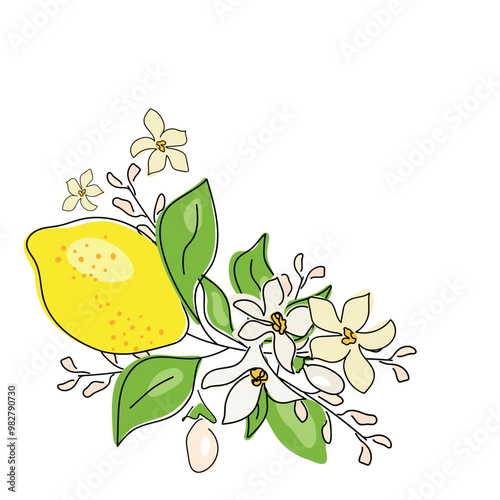  Lemon tree branch with yellow lemon, flowers and green leaves isolated on white. Doodle. Set of fresh, whole fruits. Citrus. Minimal style. Black line. Vector illustration