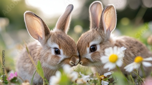 Sweet Baby Rabbits in a Flower Field