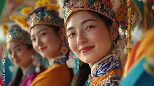 Mongolian Kalmykian women in ethnic wear, celebrating a traditional festival, surrounded by colorful decorations and festive atmosphere