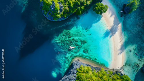 Fototapeta Naklejka Na Ścianę i Meble -  top view of beautiful tropical island with dense trees, with white sand beach and clear blue waters. concept of vacation with family. 4K Island Wallpaper