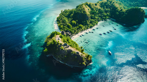 Fototapeta Naklejka Na Ścianę i Meble -  top view of beautiful tropical island with dense trees, with white sand beach and clear blue waters. concept of vacation with family. 4K Island Wallpaper