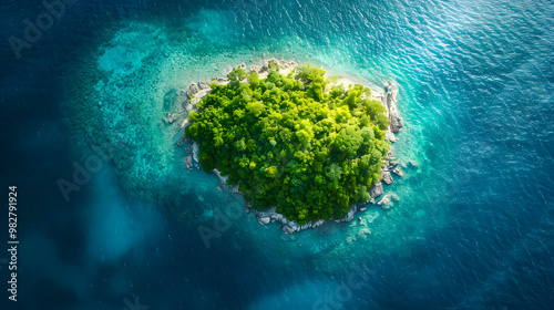 Fototapeta Naklejka Na Ścianę i Meble -  top view of beautiful tropical island with dense trees, with white sand beach and clear blue waters. concept of vacation with family. 4K Island Wallpaper