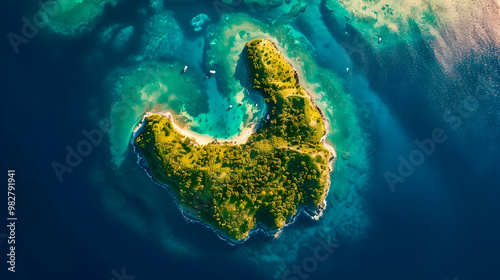 Fototapeta Naklejka Na Ścianę i Meble -  top view of beautiful tropical island with dense trees, with white sand beach and clear blue waters. concept of vacation with family. 4K Island Wallpaper