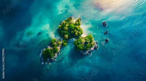 Fototapeta Naklejka Na Ścianę i Meble -  top view of beautiful tropical island with dense trees, with white sand beach and clear blue waters. concept of vacation with family. 4K Island Wallpaper