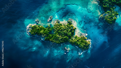 Fototapeta Naklejka Na Ścianę i Meble -  top view of beautiful tropical island with dense trees, with white sand beach and clear blue waters. concept of vacation with family. 4K Island Wallpaper