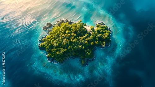Fototapeta Naklejka Na Ścianę i Meble -  top view of beautiful tropical island with dense trees, with white sand beach and clear blue waters. concept of vacation with family. 4K Island Wallpaper