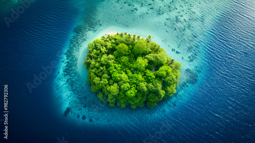 Fototapeta Naklejka Na Ścianę i Meble -  top view of beautiful tropical island with dense trees, with white sand beach and clear blue waters. concept of vacation with family. 4K Island Wallpaper