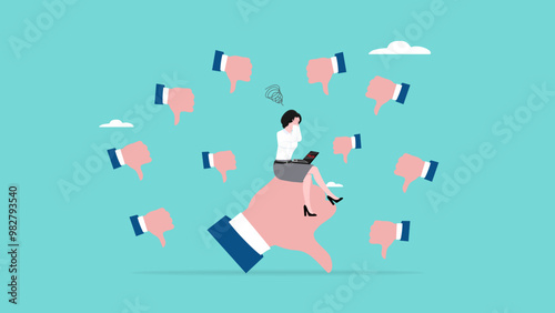poor work performance, stress or depression at work, negative opinion or bad comments, businesswoman surrounded by people giving thumbs down