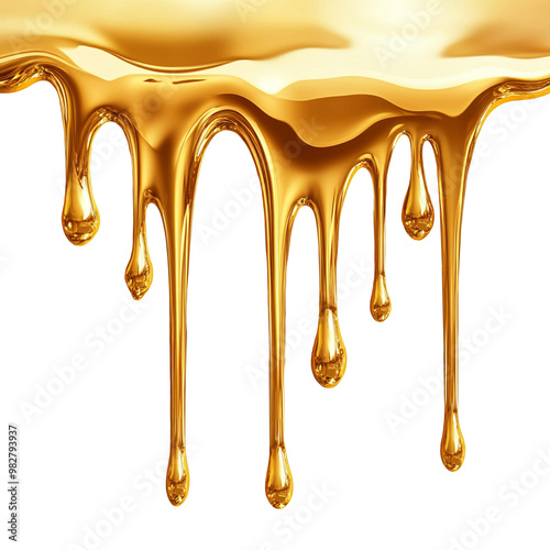 Gold liquid dripping down from the top, isolated  photo