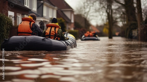 Wallpaper Mural photograph of Close-up of emergency rescue team using boats to help. Flood water reaches the roof of the house. The current is very strong. wide angle lens Torontodigital.ca