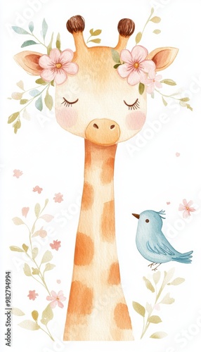 Cute cartoon-style giraffe and bird, pastel colors, clipart on a white background for nursery art  photo