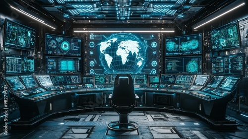With a team of operators and a holographic map, this command center is sleek and modern with cool blue tones, holographic elements, and detailed 3D layouts