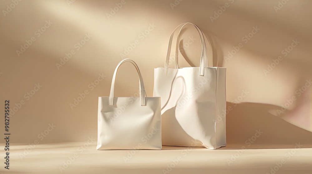 Stylish Contrast: Chic Gift Bag and Spacious Tote Showcase Elegance on Beige Surface – Perfect Poster for Modern Interior Spaces