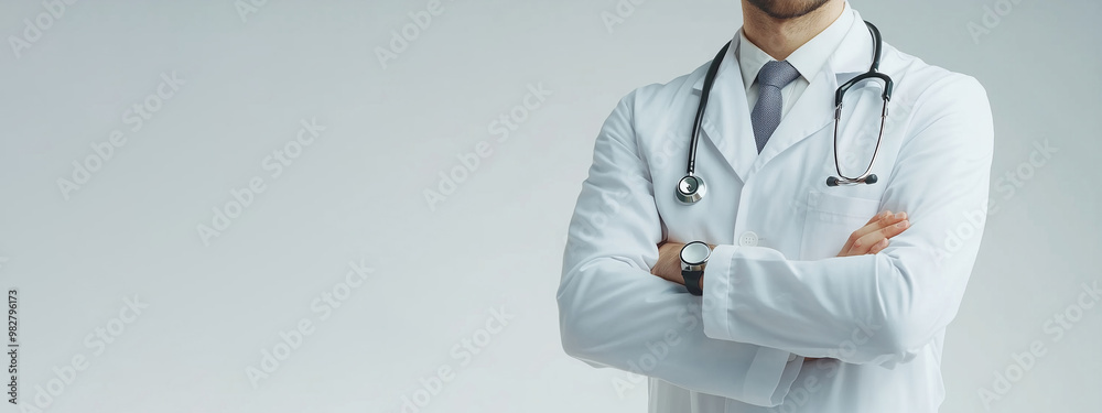 Horizontal image of doctor with hands crossed on chest with stethoscope on isolated light background with copy space. For banner, design, medical clinic, examination, World Lung Cancer Day Horizontal image of doctor with hands crossed on chest with stethoscope on isolated light background with copy space. For banner, design, medical clinic, examination, World Lung Cancer Day