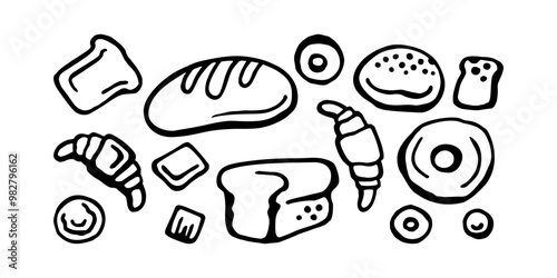 A collection of various bread and pastry illustrations, including loaves, croissants, doughnuts, and sliced bread.