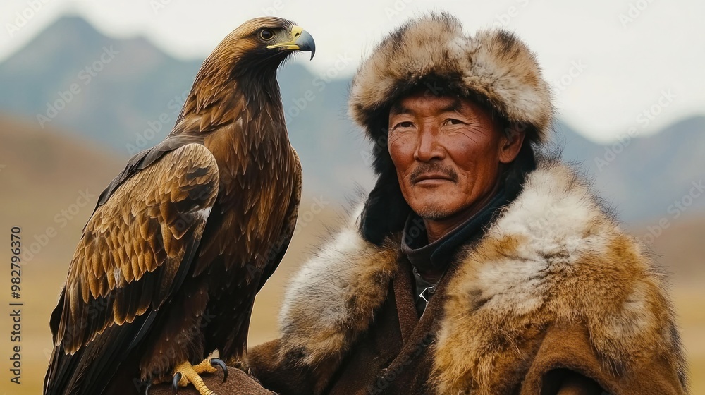 Fototapeta premium Portrait of a traditional eagle hunter in Mongolia, wearing fur-lined clothing and holding a majestic golden eagle on his arm