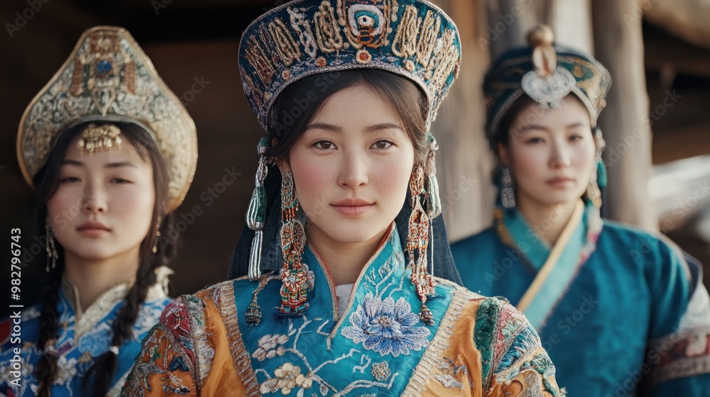 Portrait of women in traditional Mongolian costume, featuring intricate ...
