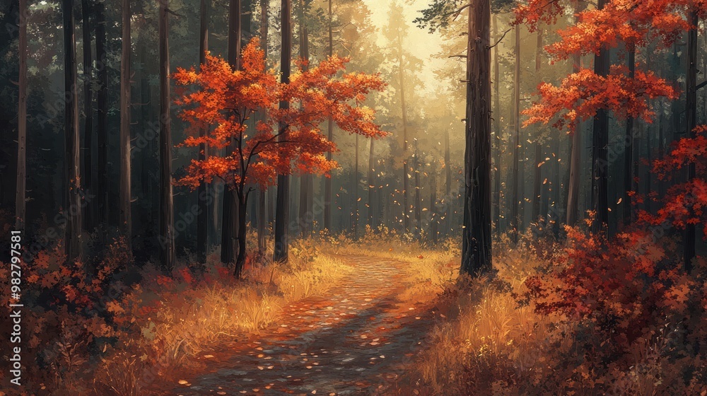 Obraz premium Quiet autumn forest scene, showing a secluded path surrounded by tall trees with golden and red leaves, and a soft, tranquil ambiance