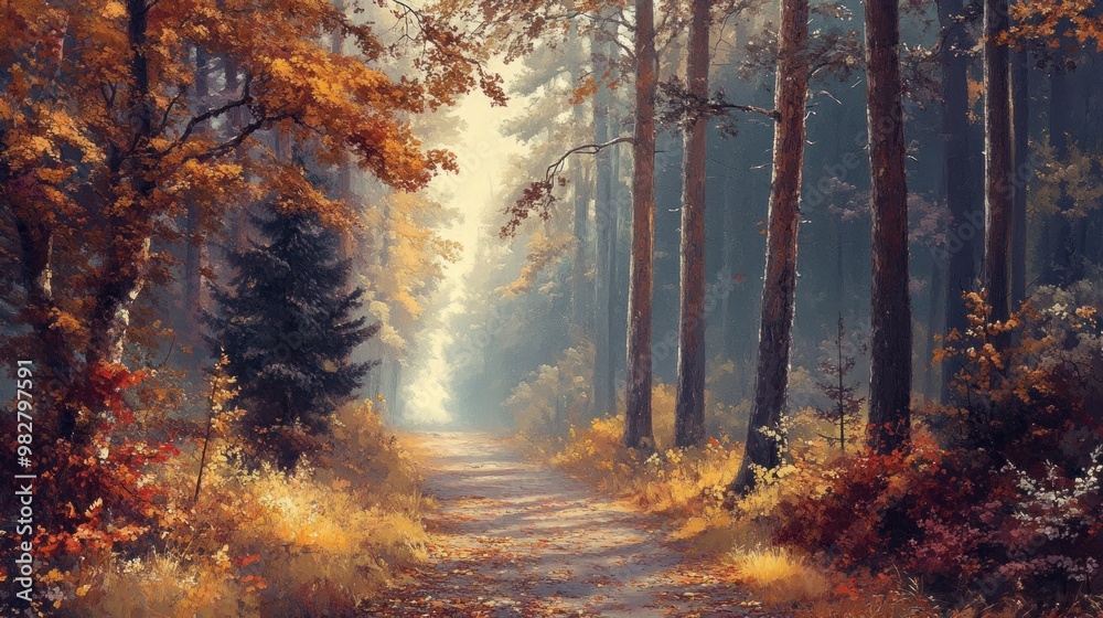Quiet autumn forest scene, showing a secluded path surrounded by tall trees with golden and red leaves, and a soft, tranquil ambiance Quiet autumn forest scene, showing a secluded path surrounded by tall trees with golden and red leaves, and a soft, tranquil ambiance