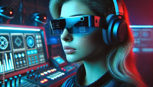 A futuristic woman wearing advanced augmented reality glasses and high-tech headphones photo