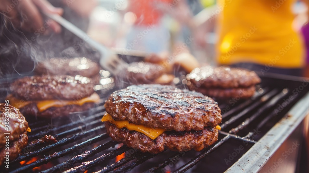 Grilling juicy burgers with melted cheese on a barbecue. Grilling juicy burgers with melted cheese on a barbecue.