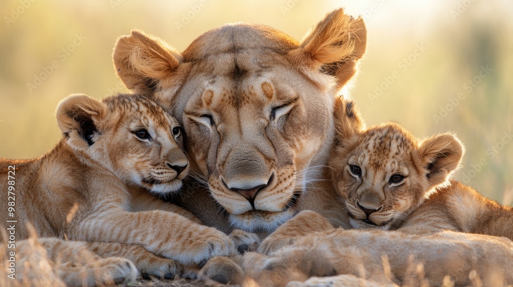 Fototapeta premium Lioness Cuddling with Her Two Adorable Cubs