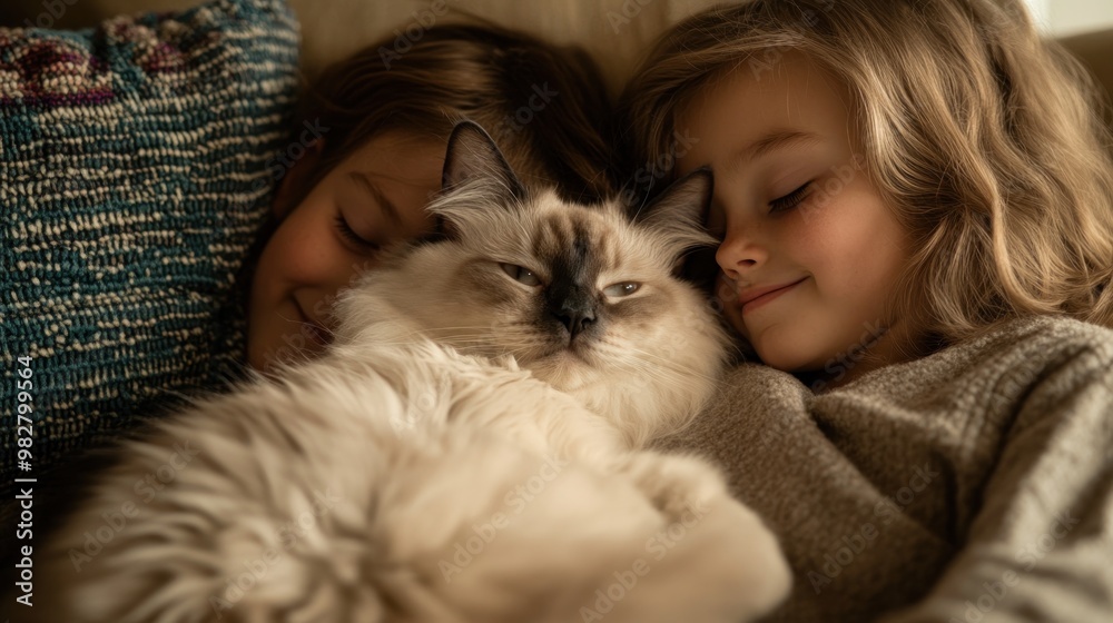 Two children snuggle together with a fluffy cat, sharing a cozy moment. Two children snuggle together with a fluffy cat, sharing a cozy moment.