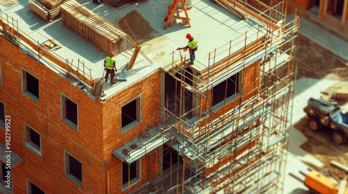 Residential building construction with workers laying bricks and scaffolding surrounding the structure, suburban backdrop