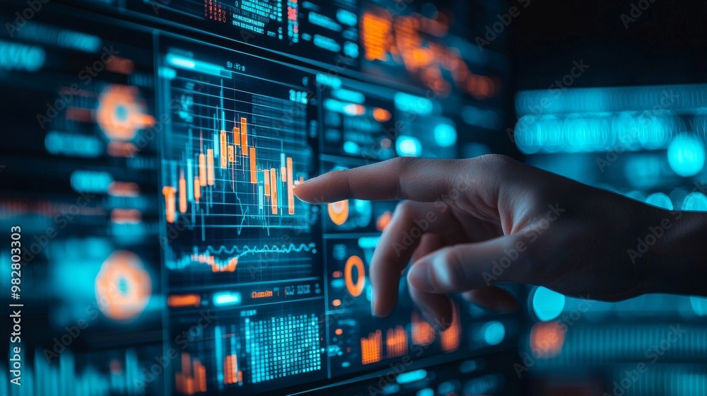 An interface with holographic business technology featuring a futuristic hand touching a virtual graph An interface with holographic business technology featuring a futuristic hand touching a virtual graph