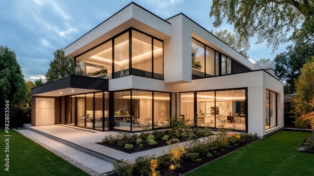 modern modular house with clean, geometric lines, a rooftop garden, and large windows that blend the indoor and outdoor spaces modern modular house with clean, geometric lines, a rooftop garden, and large windows that blend the indoor and outdoor spaces