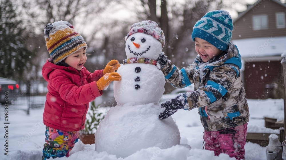 Two children joyfully building a snowman in a snowy yard during winter. Two children joyfully building a snowman in a snowy yard during winter.