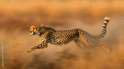 Cheetah's Golden Sprint: A majestic cheetah races across a sun-drenched plain, its powerful body a blur of speed and grace. 