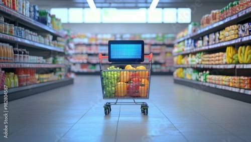 Shopping cart with a digital interface in the grocery aisle, illustrating innovation in e-commerce and smart technology