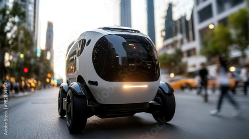 Wallpaper Mural A futuristic delivery robot navigating through bustling city street, showcasing advanced technology and urban life. sleek design and innovative features highlight future of transportation Torontodigital.ca