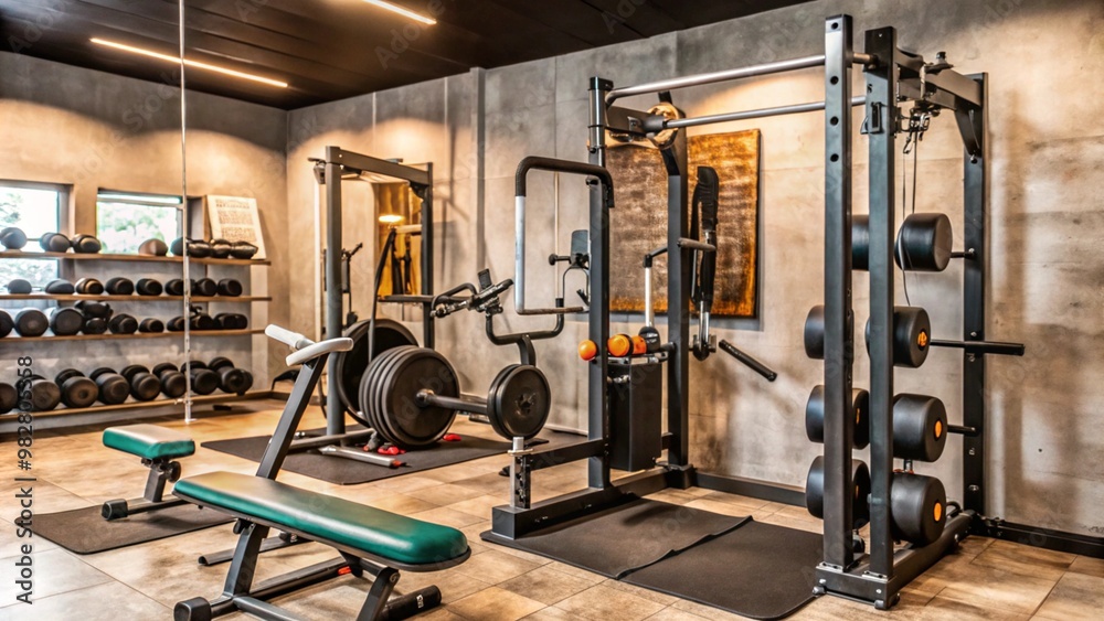 Obraz premium Modern home gym with weightlifting equipment, a bench, and dumbbells.