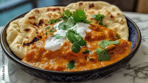 A plate of spicy Indian curry served with naan bread and garnished with fresh cilantro and yogurt.