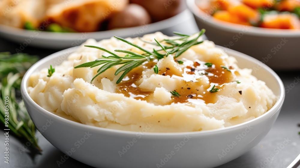 Close-up of mashed potatoes with gravy being served at a Thanksgiving dinner, with other dishes in the background Close-up of mashed potatoes with gravy being served at a Thanksgiving dinner, with other dishes in the background