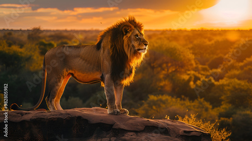 Majestic Lion at Sunset: A powerful male lion stands atop a rocky outcrop, silhouetted against a fiery African sunset. His regal presence embodies the raw beauty and untamed spirit of the savanna. 